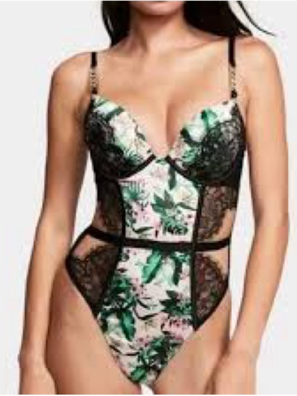 ‼️NWT‼️Victorias Secret Very Sexy Floral Lace Cutout Bodysuit Green Black Small